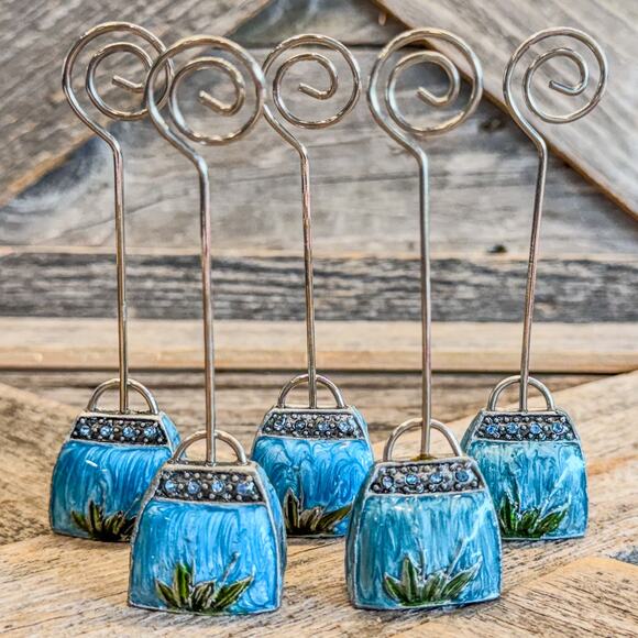 Set of 5, Pier 1 Blue Enamel Floral Purse w Rhinestones-Photo/Place Card Holders - Picture 2 of 7